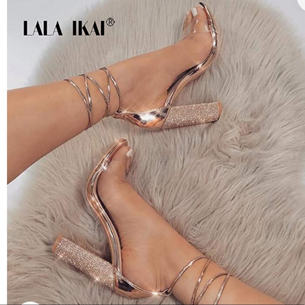 Rose Gold High Heels w/ Rhinestone Anke Wrap Strap